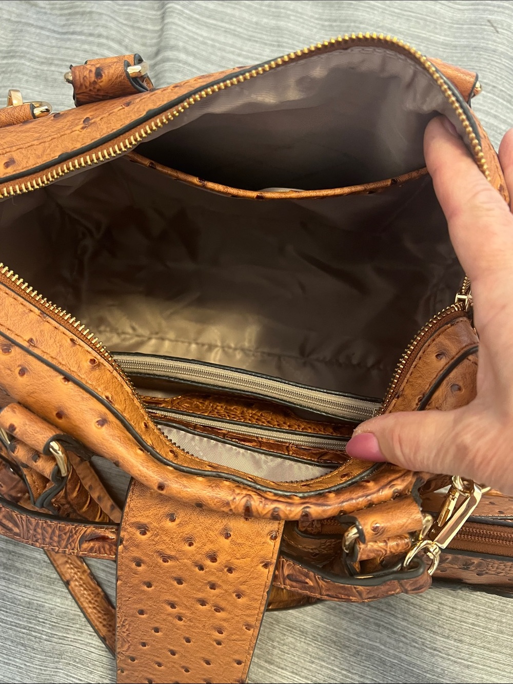 Structured Cognac Faux Ostrich & Croc Satchel with Gold Hardware - Picture 4 of 7